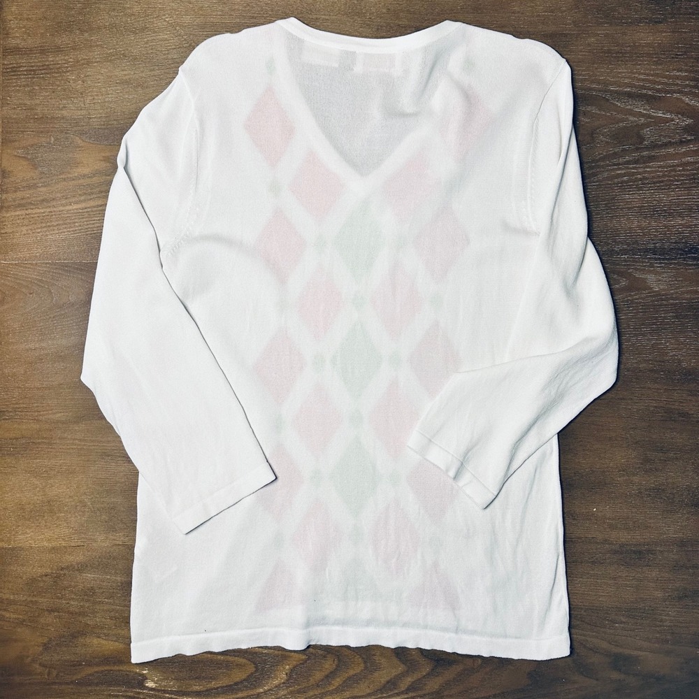 EP Pro Womens Large L White Pink Green Argyle V Neck Long Sleeve Sweater Golf - Picture 5 of 6